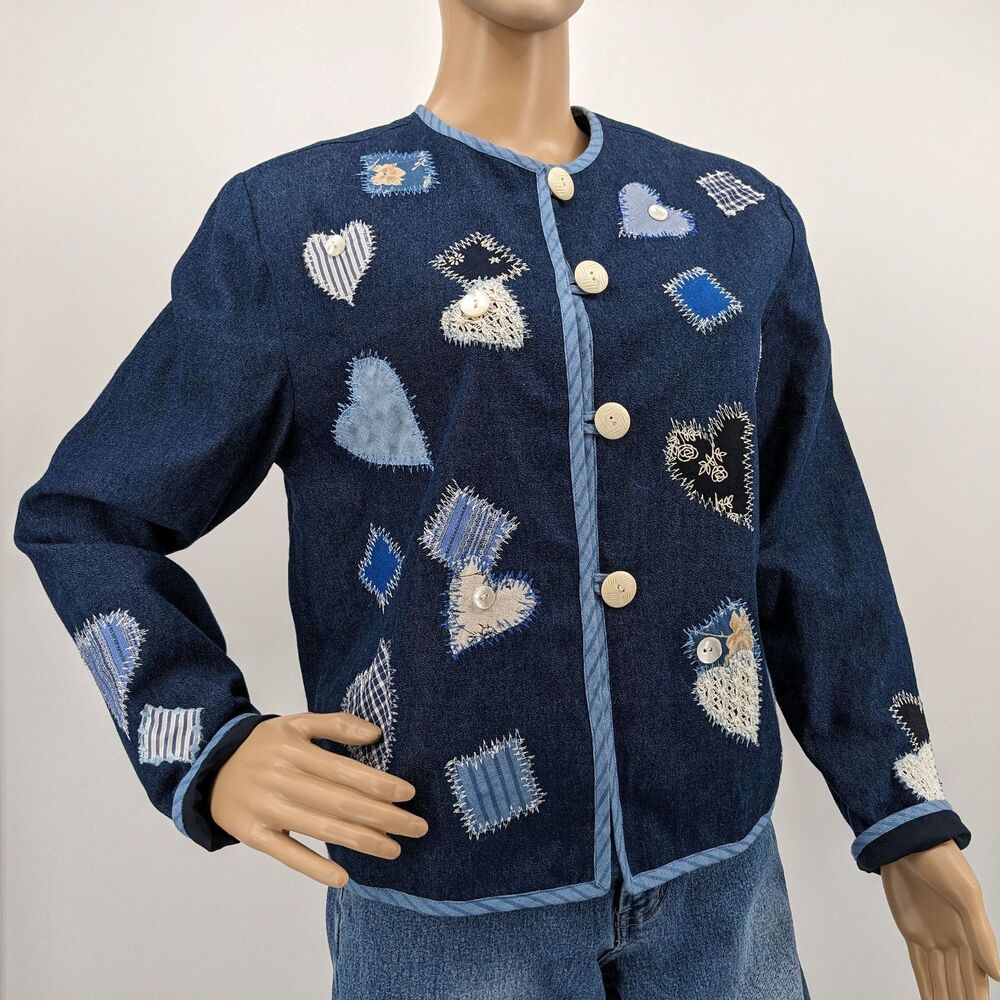 Vintage 90s Allure Jacket Denim Look Embroidered Cottage Patches Granny Plaid PS
